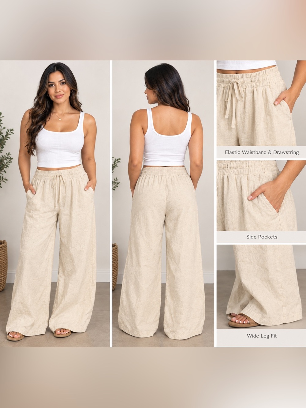 Wide Leg Drawstring Linen-Blend Pants - Beige